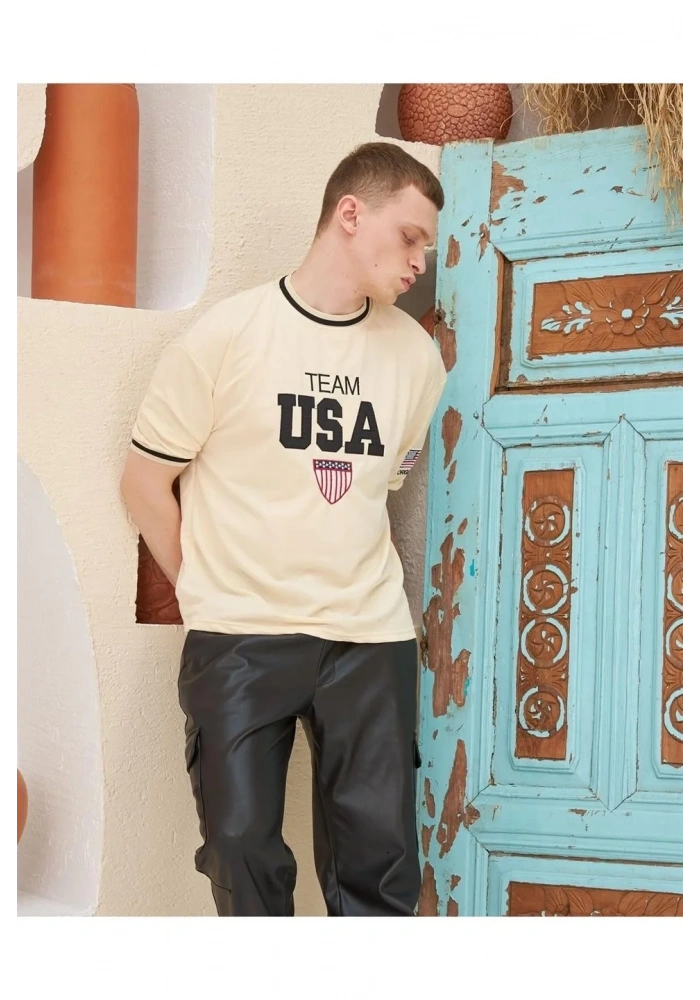 Erkek Nakış İşlemeli Ribanalı Oversize T-shirt - Bej