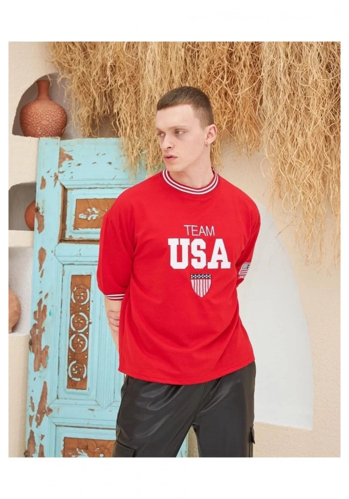 Erkek Nakış İşlemeli Ribanalı Oversize T-shirt - Kırmızı