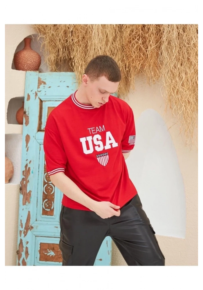 Erkek Nakış İşlemeli Ribanalı Oversize T-shirt - Kırmızı