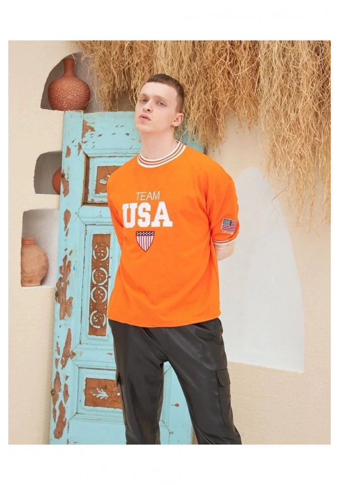 Erkek Nakış İşlemeli Ribanalı Oversize T-shirt - Turuncu