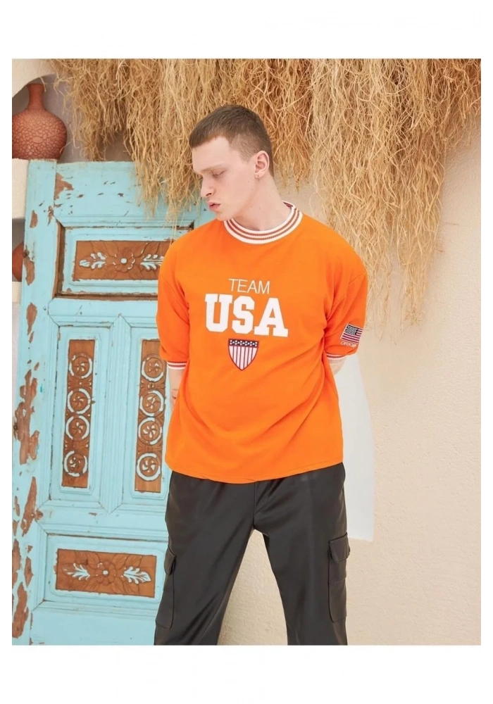 Erkek Nakış İşlemeli Ribanalı Oversize T-shirt - Turuncu