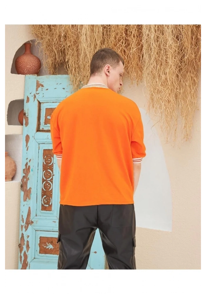 Erkek Nakış İşlemeli Ribanalı Oversize T-shirt - Turuncu