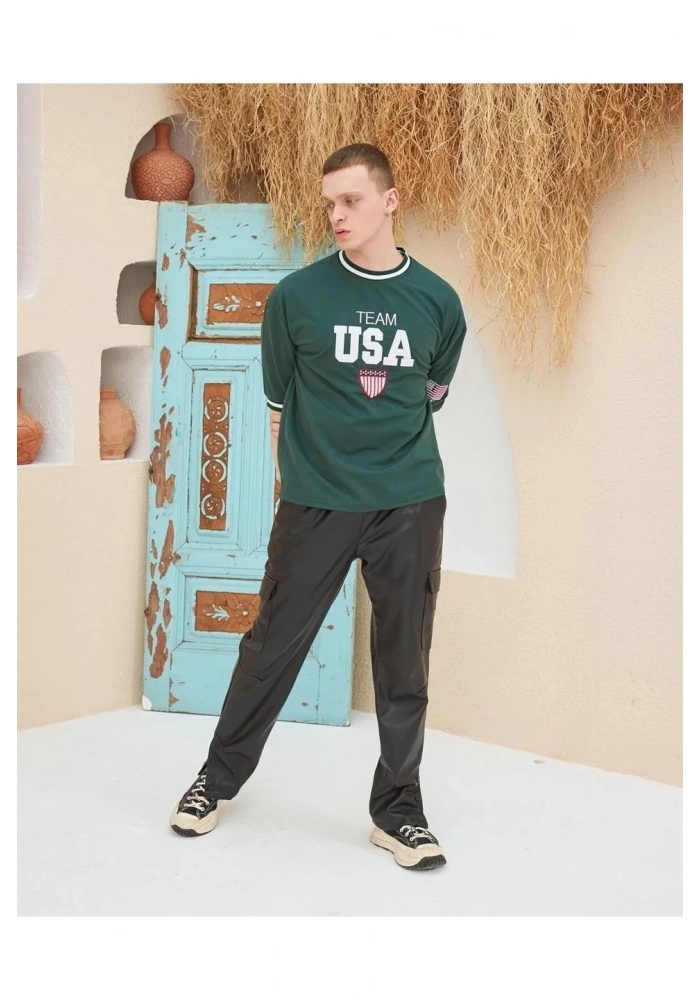 Erkek Nakış İşlemeli Ribanalı Oversize T-shirt - Yeşil