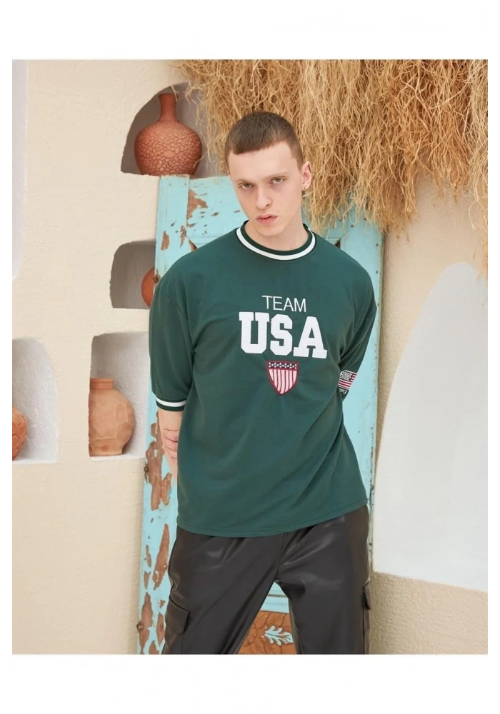 Erkek Nakış İşlemeli Ribanalı Oversize T-shirt - Yeşil