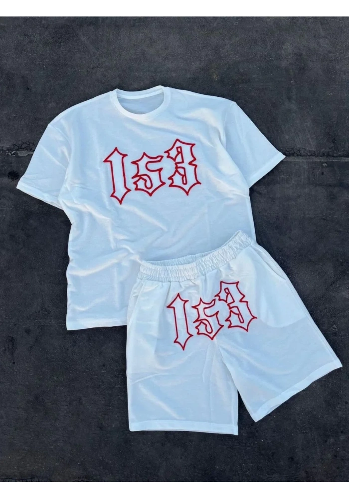 Erkek Nakış İşlemeli Şortlu Kısa kol Alt-Üst Takım - Beyaz