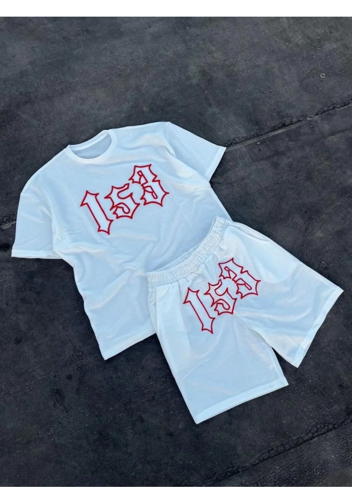 Erkek Nakış İşlemeli Şortlu Kısa kol Alt-Üst Takım - Beyaz