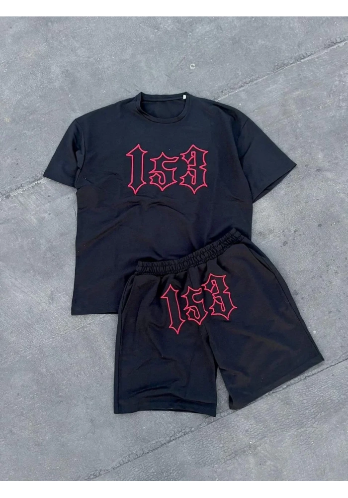 Erkek Nakış İşlemeli Şortlu Kısa kol Alt-Üst Takım - Siyah