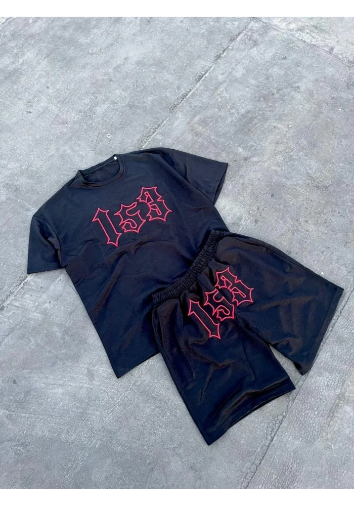 Erkek Nakış İşlemeli Şortlu Takım - Siyah