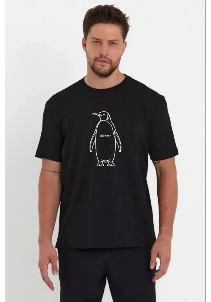 Erkek T-Shirt Nihilist Penguen Baskılı Bisiklet Yaka Kısa kol yazlık Tişört - Siyah
