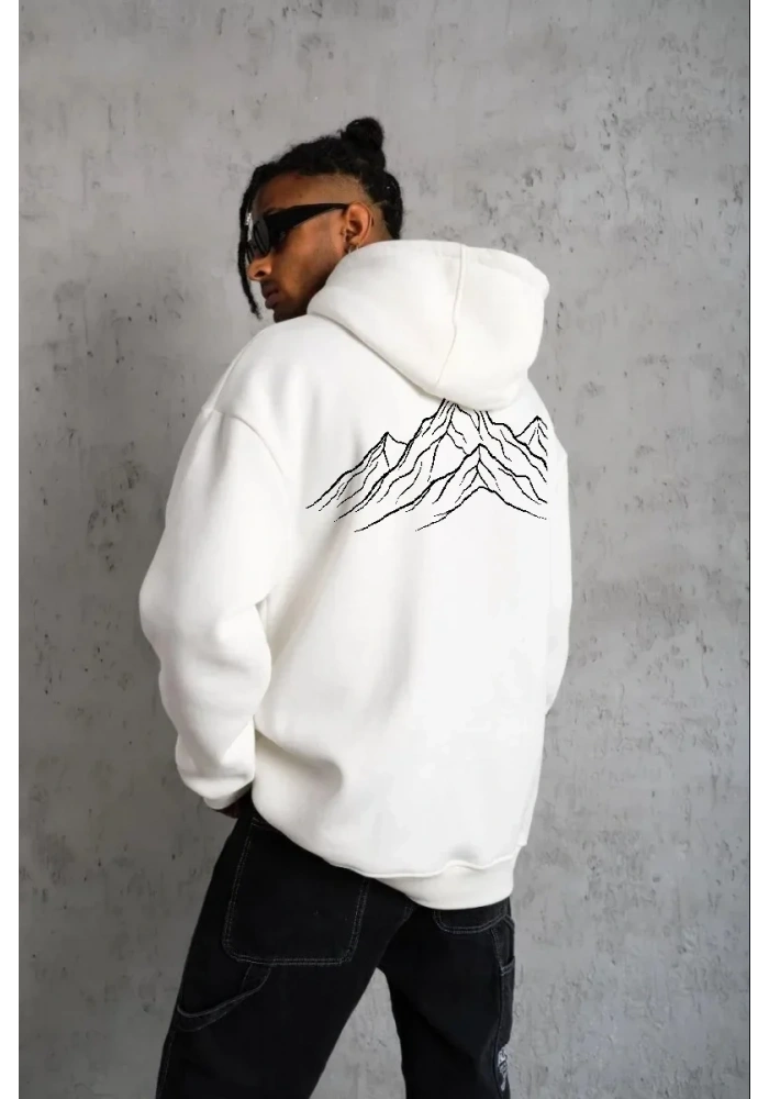 Erkek Nihilist Penguen Baskılı 3 İplik Pamuklu Kapüşonlu Sweatshirt Hoodie Beyaz