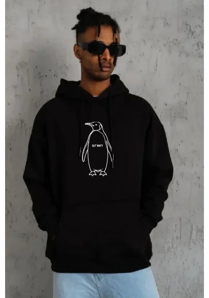 Erkek Nihilist Penguen Özel Tasarım Oversize Kapüşonlu Sweatshirt - Siyah