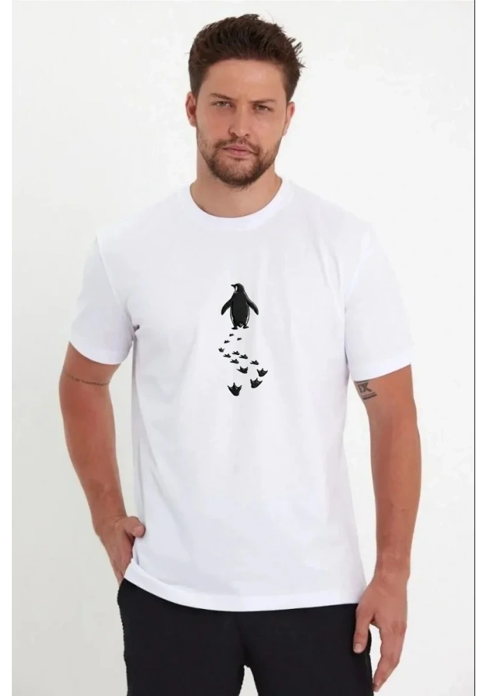 Erkek T-Shirt Nihilist Penguen Baskılı Bisiklet Yaka Kısa kol yazlık Tişört - Beyaz