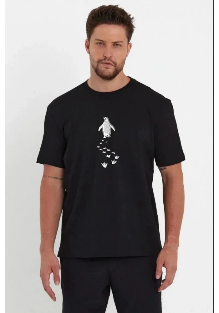 Erkek T-Shirt Nihilist Penguen Baskılı Bisiklet Yaka Kısa kol yazlık Tişört - Siyah