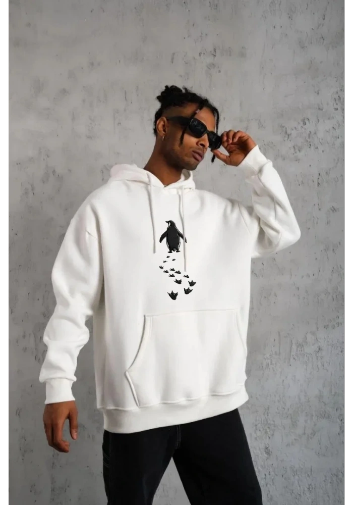 Erkek Nihilist Penguen Baskılı 3 İplik Pamuklu Kapüşonlu Sweatshirt Hoodie Beyaz