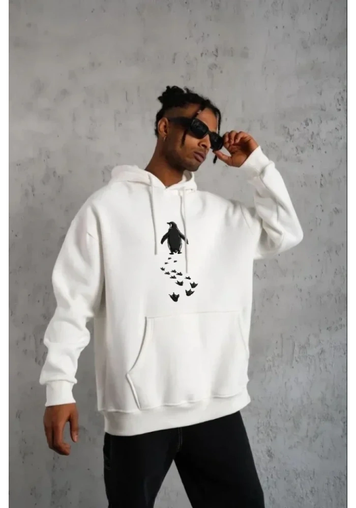 Erkek Nihilist Penguen Temalı Oversize Kapüşonlu Sweatshirt - Beyaz