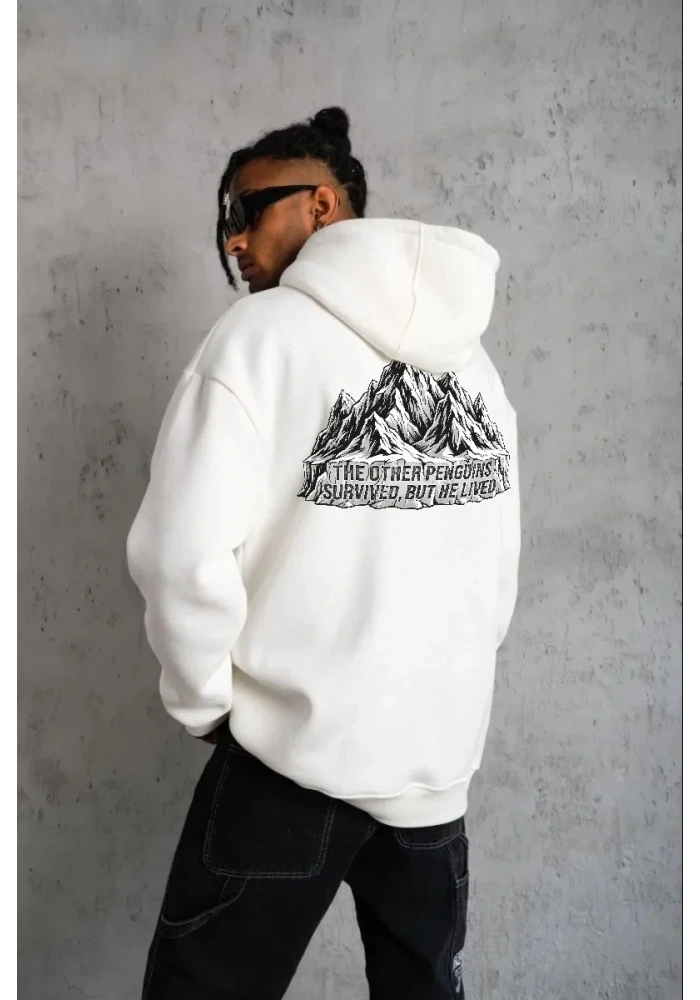 Erkek Nihilist Penguen Temalı Oversize Kapüşonlu Sweatshirt - Beyaz