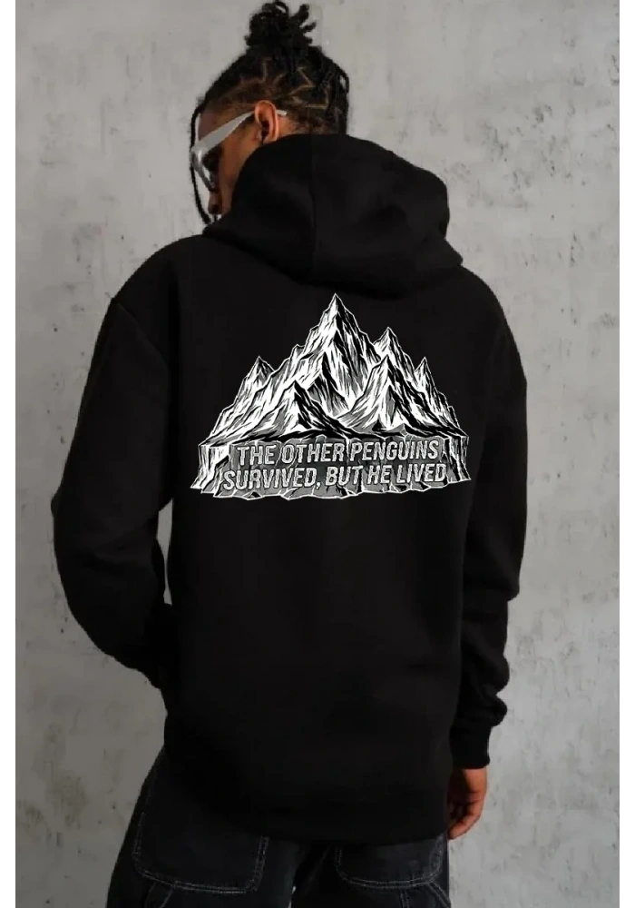 Erkek Nihilist Penguen Temalı Oversize Kapüşonlu Sweatshirt - Siyah