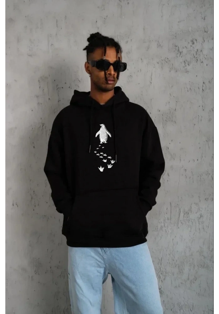 Erkek Nihilist Penguen Baskılı 3 İplik Pamuklu Kapüşonlu Sweatshirt Hoodie Siyah