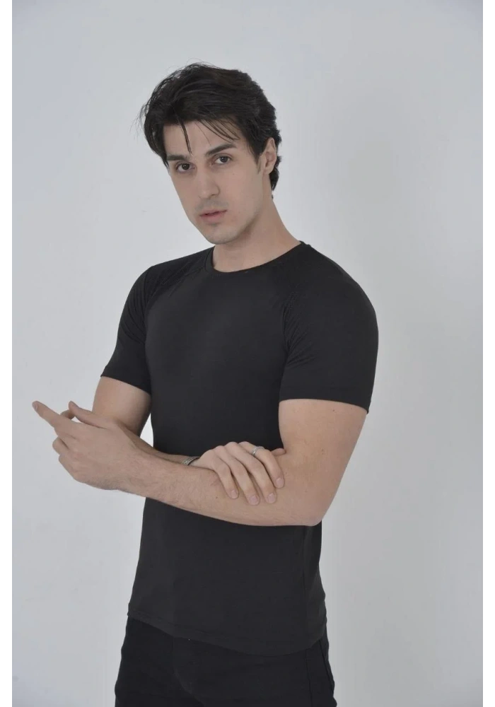 Erkek Omuz Fileli Slim Fit T-shirt - Siyah