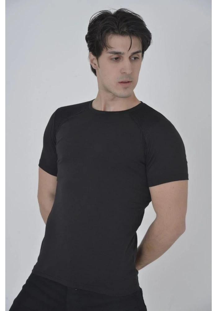 Erkek Omuz Fileli Slim Fit T-shirt - Siyah
