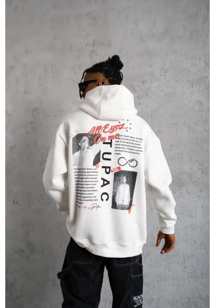 Erkek Ön Arka Baskılı Kapşonlu Sweat - Beyaz