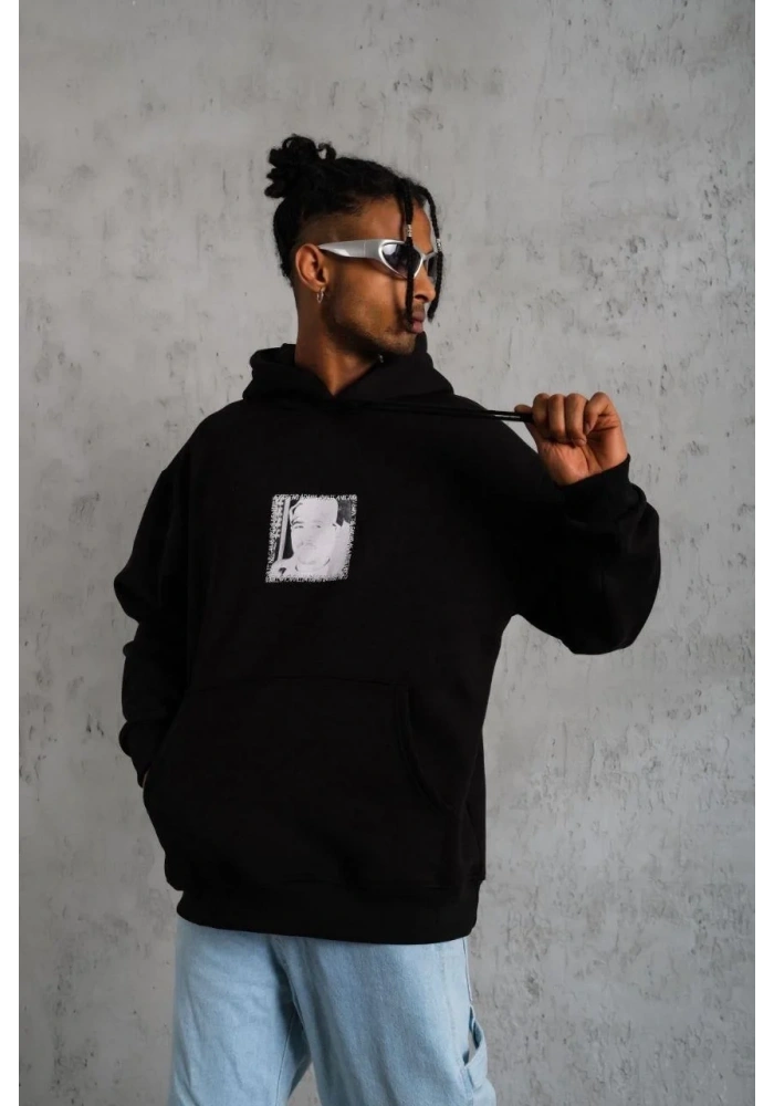 Erkek 3 İplik Pamuklu Kapüşonlu Baskılı Cepli Oversize Sweatshirt Hoodie - Siyah