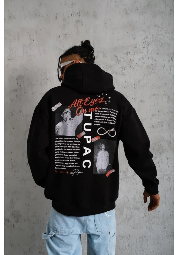 Erkek 3 İplik Pamuklu Kapüşonlu Baskılı Cepli Oversize Sweatshirt Hoodie - Siyah