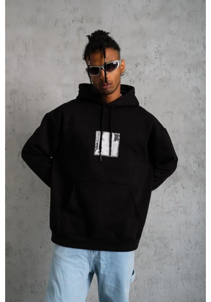 Erkek 3 İplik Pamuklu Kapüşonlu Baskılı Cepli Oversize Sweatshirt Hoodie - Siyah
