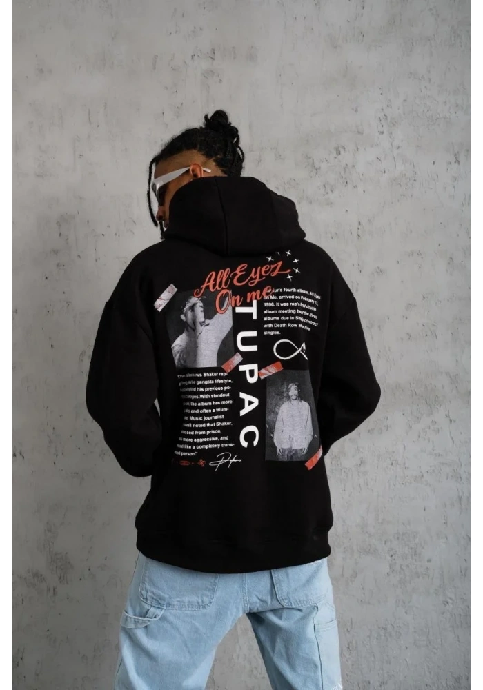 Erkek 3 İplik Pamuklu Kapüşonlu Baskılı Cepli Oversize Sweatshirt Hoodie - Siyah