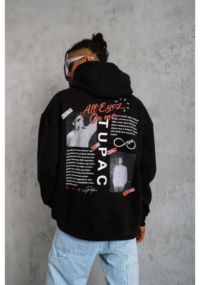 Erkek 3 İplik Pamuklu Kapüşonlu Baskılı Cepli Oversize Sweatshirt Hoodie - Siyah