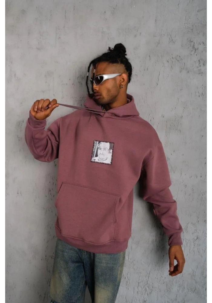 Erkek 3 İplik Pamuklu Kapüşonlu Baskılı Cepli Sweatshirt Hoodie - Gül Kurusu