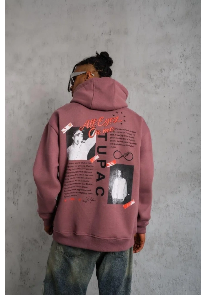 Erkek 3 İplik Pamuklu Kapüşonlu Baskılı Cepli Sweatshirt Hoodie - Gül Kurusu