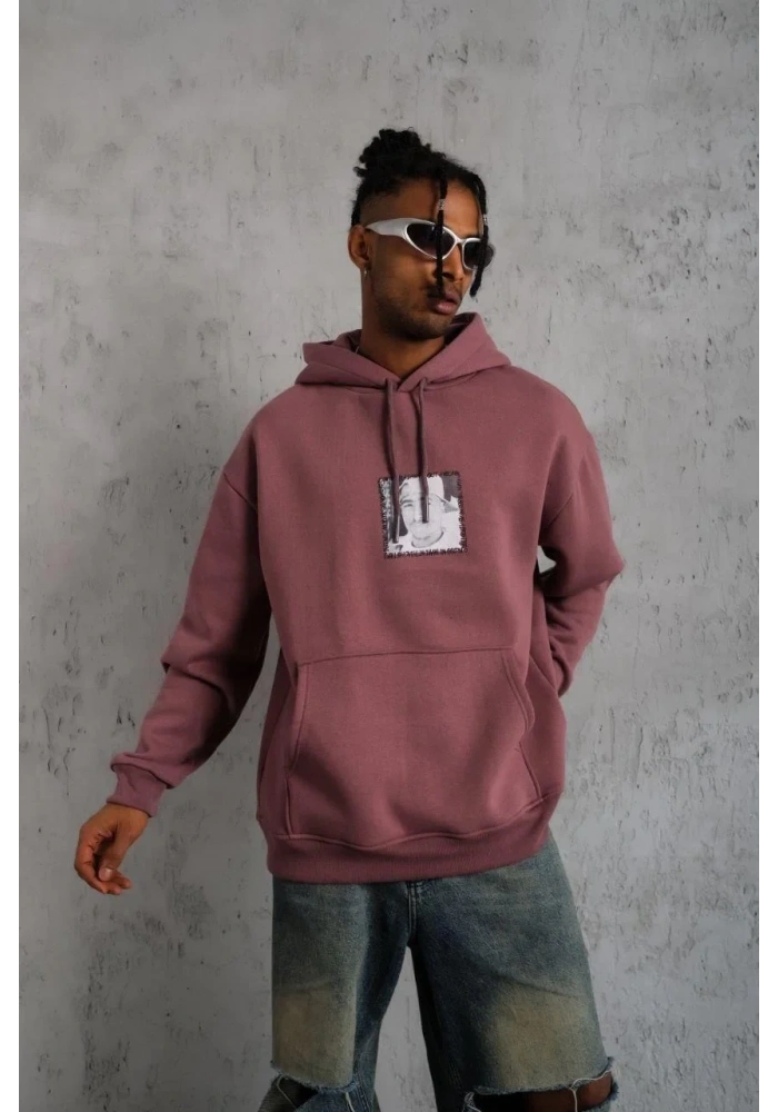 Erkek 3 İplik Pamuklu Kapüşonlu Baskılı Cepli Sweatshirt Hoodie - Gül Kurusu
