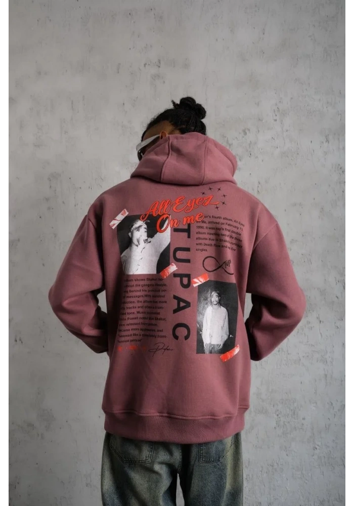 Erkek 3 İplik Pamuklu Kapüşonlu Baskılı Cepli Sweatshirt Hoodie - Gül Kurusu