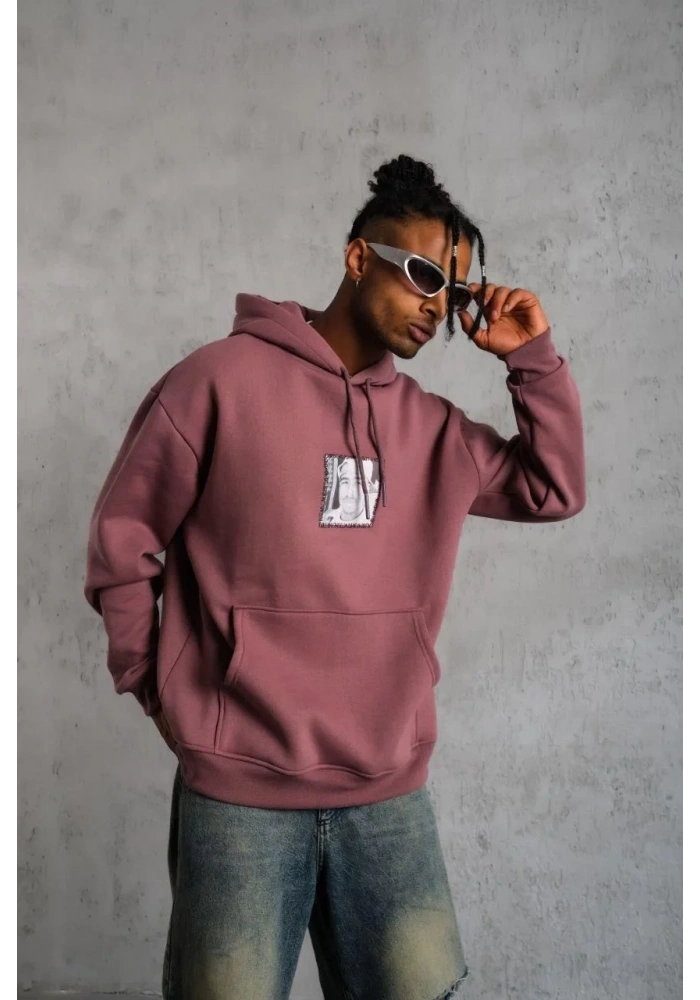 Erkek 3 İplik Pamuklu Kapüşonlu Baskılı Cepli Sweatshirt Hoodie - Gül Kurusu