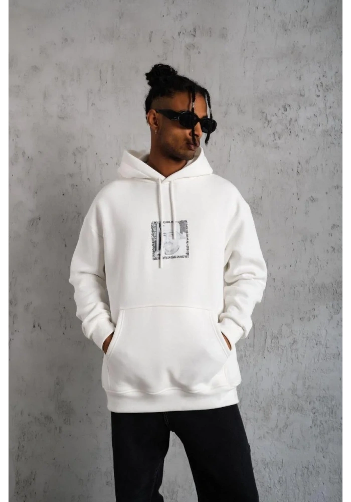 Erkek 3 İplik Pamuklu Kapüşonlu Baskılı Cepli Oversize Sweatshirt Hoodie - Beyaz