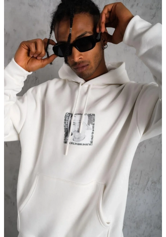 Erkek 3 İplik Pamuklu Kapüşonlu Baskılı Cepli Oversize Sweatshirt Hoodie - Beyaz