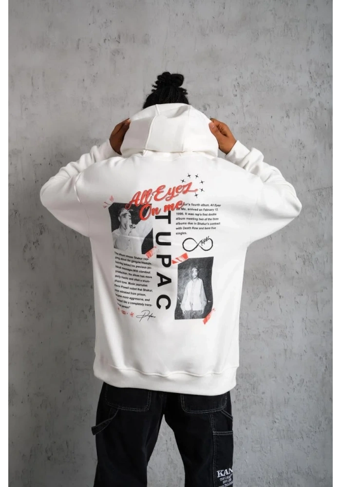 Erkek 3 İplik Pamuklu Kapüşonlu Baskılı Cepli Oversize Sweatshirt Hoodie - Beyaz