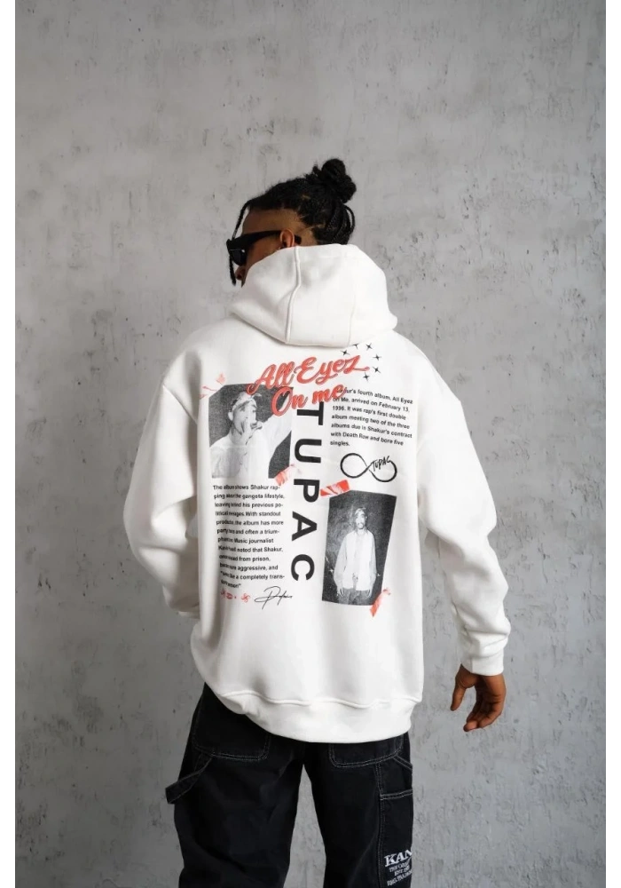 Erkek 3 İplik Pamuklu Kapüşonlu Baskılı Cepli Oversize Sweatshirt Hoodie - Beyaz