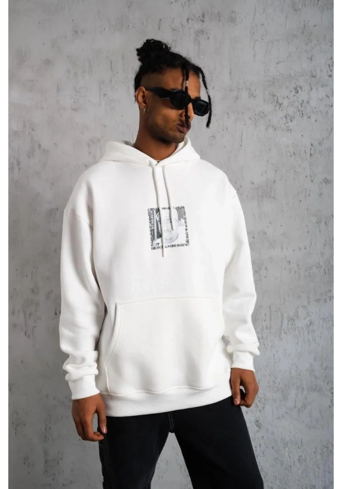 Erkek 3 İplik Pamuklu Kapüşonlu Baskılı Cepli Oversize Sweatshirt Hoodie - Beyaz