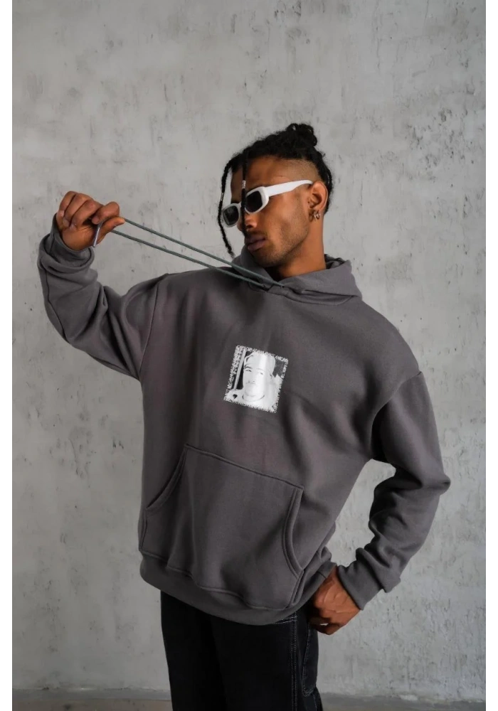 Erkek 3 İplik Pamuklu Kapüşonlu Baskılı Cepli Oversize Sweatshirt Hoodie - Gri