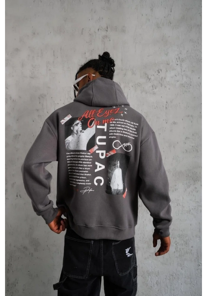 Erkek 3 İplik Pamuklu Kapüşonlu Baskılı Cepli Oversize Sweatshirt Hoodie - Gri