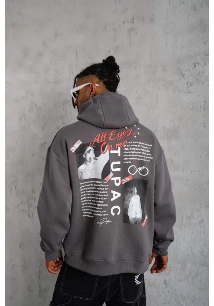 Erkek 3 İplik Pamuklu Kapüşonlu Baskılı Cepli Oversize Sweatshirt Hoodie - Gri