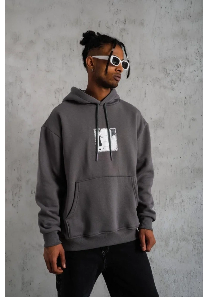 Erkek 3 İplik Pamuklu Kapüşonlu Baskılı Cepli Oversize Sweatshirt Hoodie - Gri