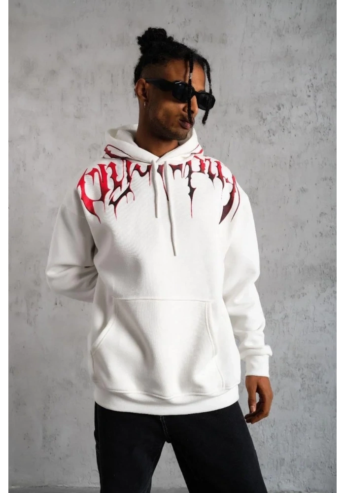 Erkek 3 İplik Pamuklu Baskılı Kapüşonlu Cepli Sweatshirt Hoodie - Beyaz