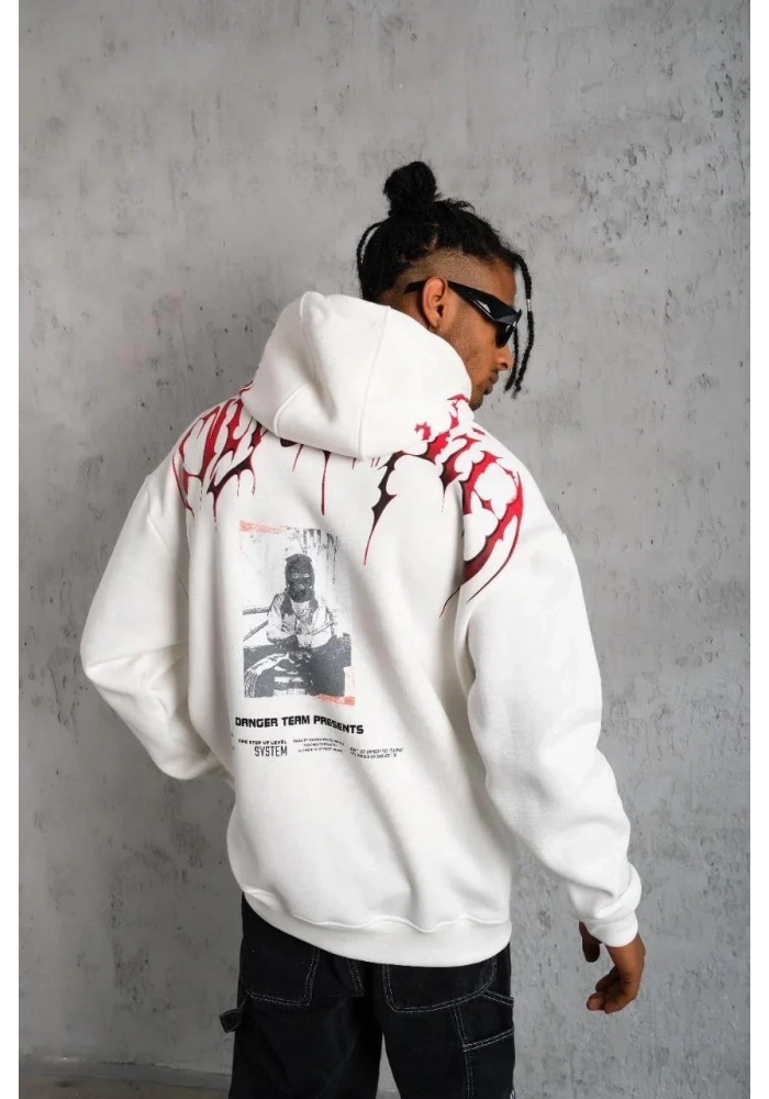 Erkek 3 İplik Pamuklu Baskılı Kapüşonlu Cepli Sweatshirt Hoodie - Beyaz