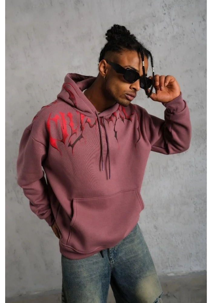 Erkek 3 İplik Pamuklu Baskılı Kapüşonlu Cepli Sweatshirt Hoodie - Gül Kurusu