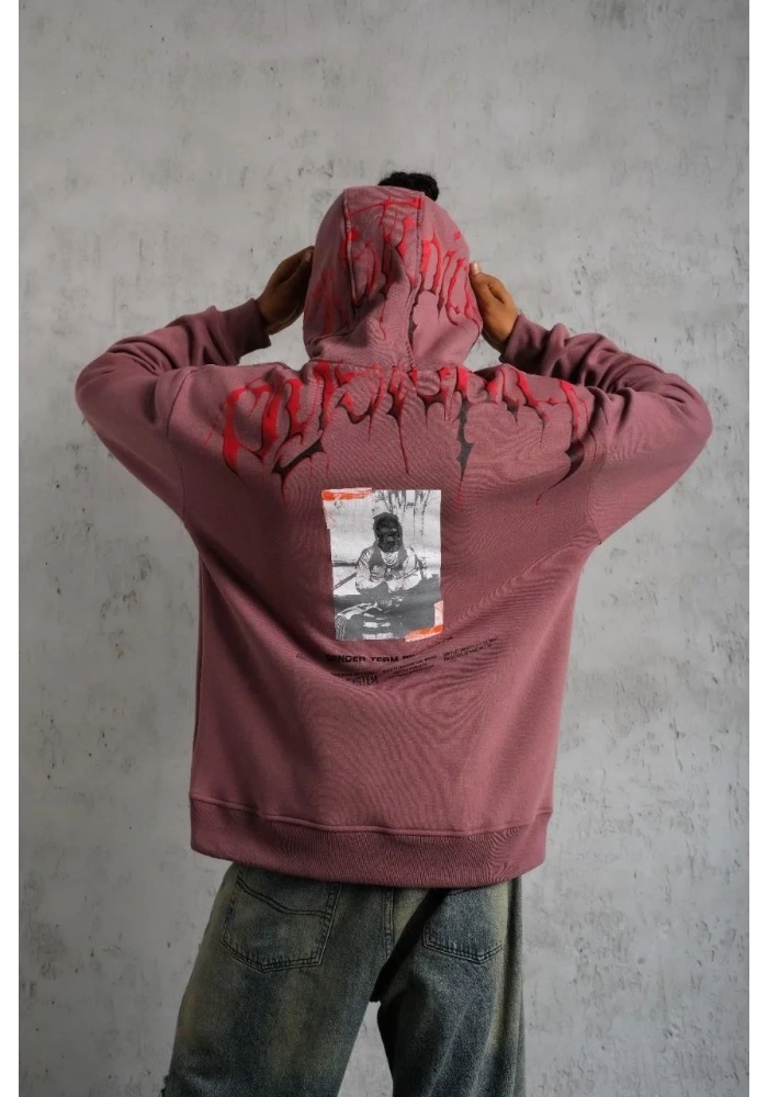 Erkek Ön ve Arka Baskılı Kapüşonlu 3 İplik Sweatshirt - Gül Kurusu