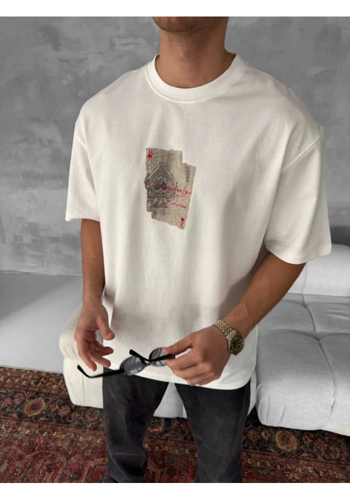 ERKEK Tişört Kısa kol Ön ve Arka Baskılı Oversize Bisiklet Yaka T-Shirt - Beyaz