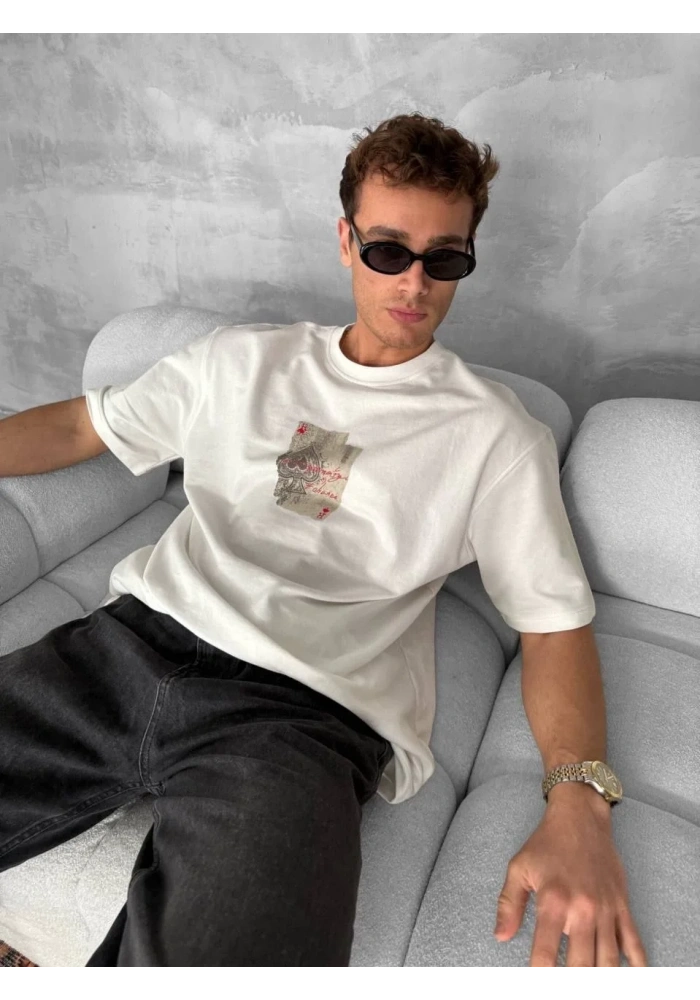 ERKEK Tişört Kısa kol Ön ve Arka Baskılı Oversize Bisiklet Yaka T-Shirt - Beyaz